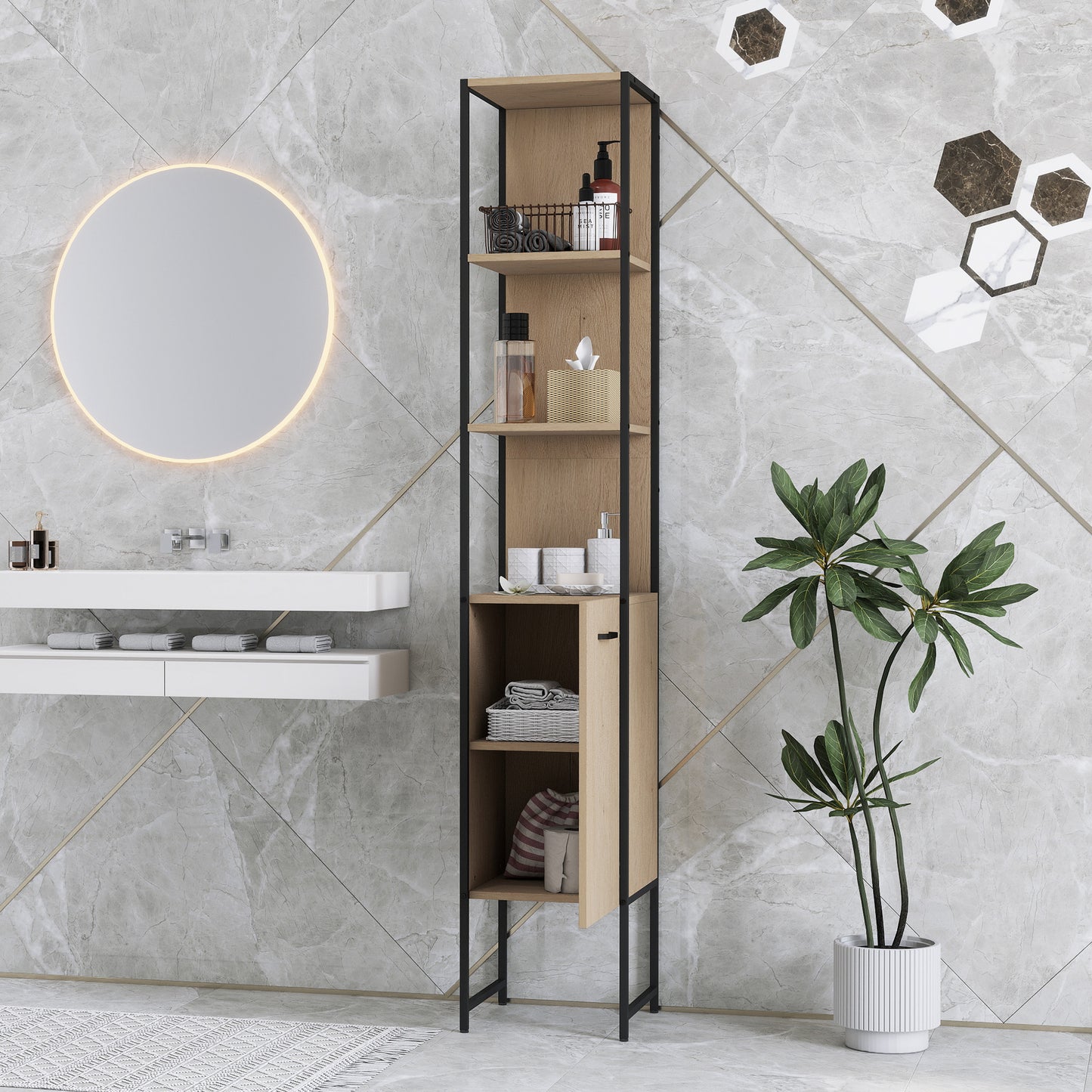 HOMCOM Tall Bathroom Cabinet with Open Shelves and Adjustable Shelf - Natural Wood Finish