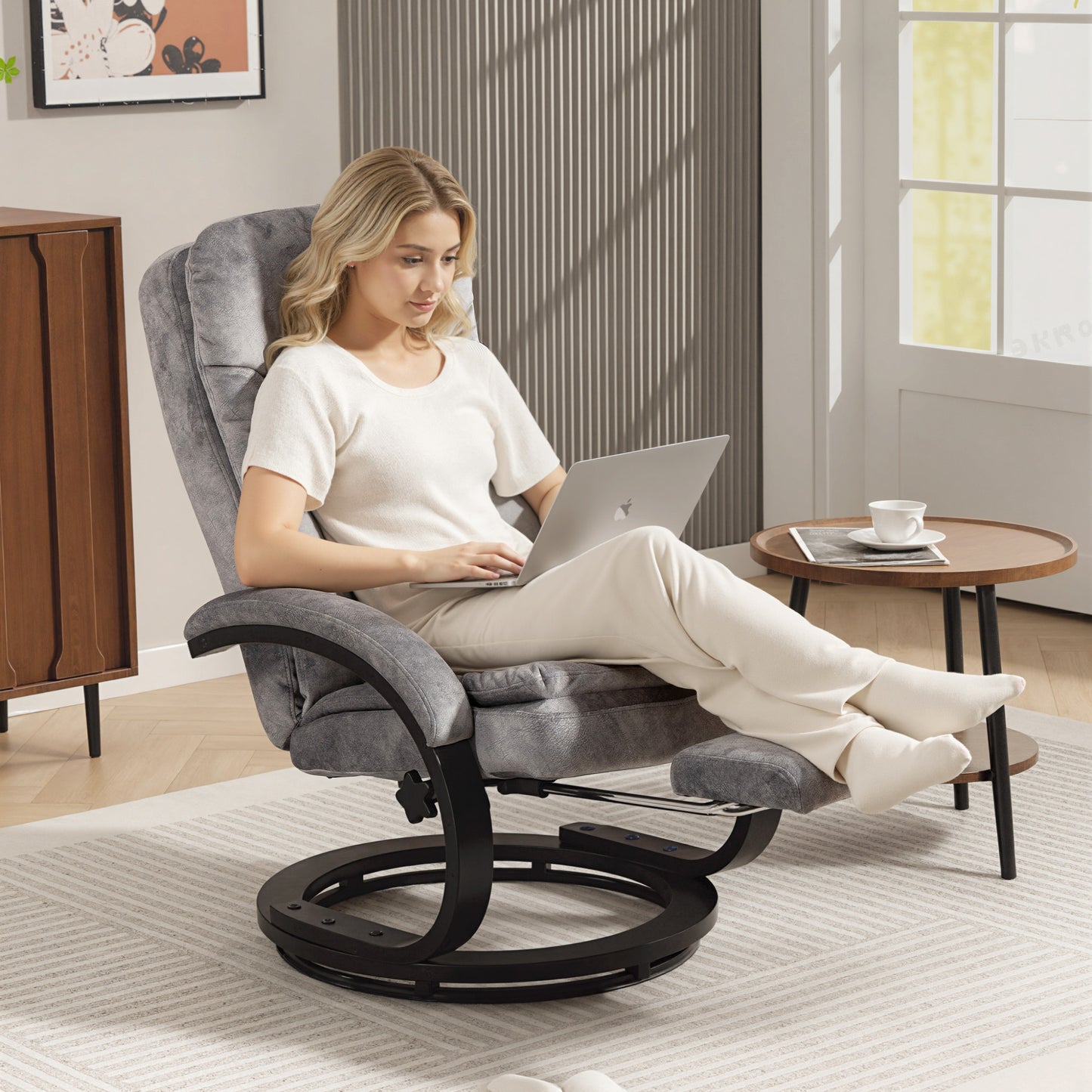 HOMCOM Swivel Recliner Chair with Footrest, Manual Recliner Armchair with Wooden Base, Plush Velvet Upholstered Reclining Chair for Living Room, Bedroom, Office, Grey
