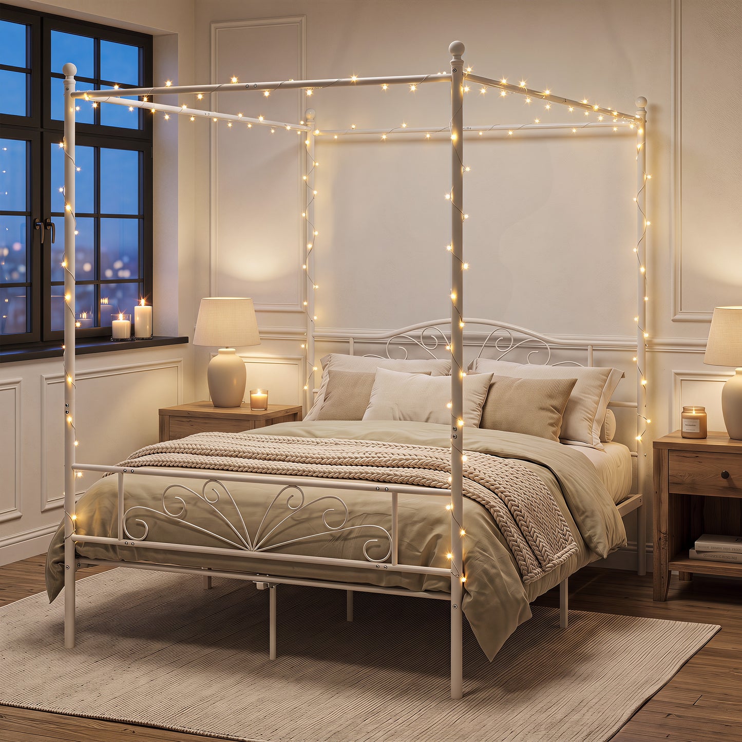 HOMCOM Canopy Bed Frame Double Size, Metal Platform Bed Frame with Headboard and Footboard, Underbed Storage, White