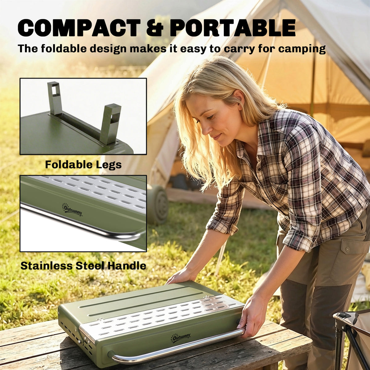 Outsunny Portable BBQ Grill, Charcoal Barbecue Grill with Adjustable Grates, Foldable Legs, Side Shelf for Camping Travel, Green