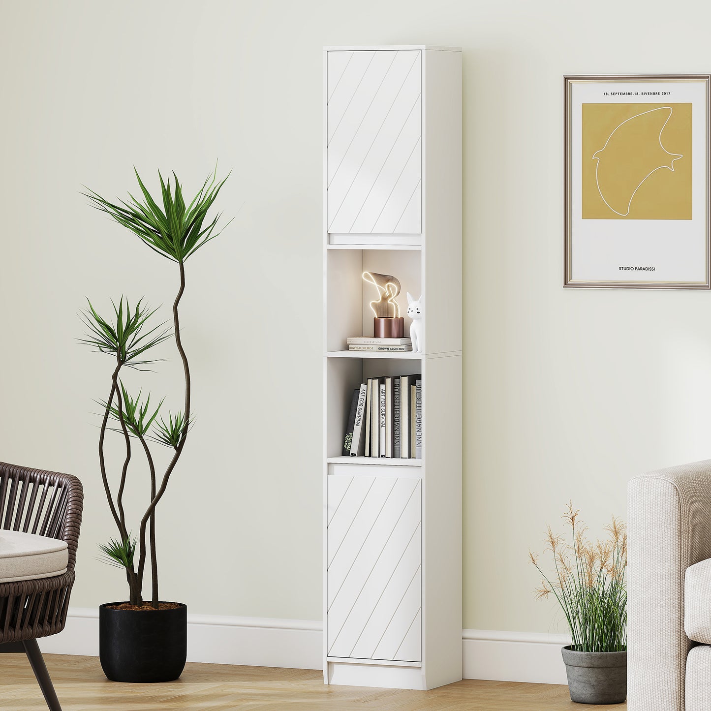 HOMCOM Narrow Bathroom Cabinet, Slim Bathroom Storage Unit with Open Compartment, Freestanding Storage Cupboard with Adjustable Shelves for Small Spaces, 30 x 24 x 170 cm, White