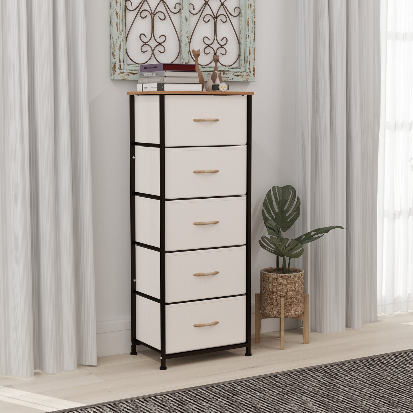 HOMCOM Fabric Chest of Drawers, Industrial Bedroom Dresser with 5 Fabric Drawers, Steel Frame and Wooden Top for Nursery, Living Room, Hallway, Cream White