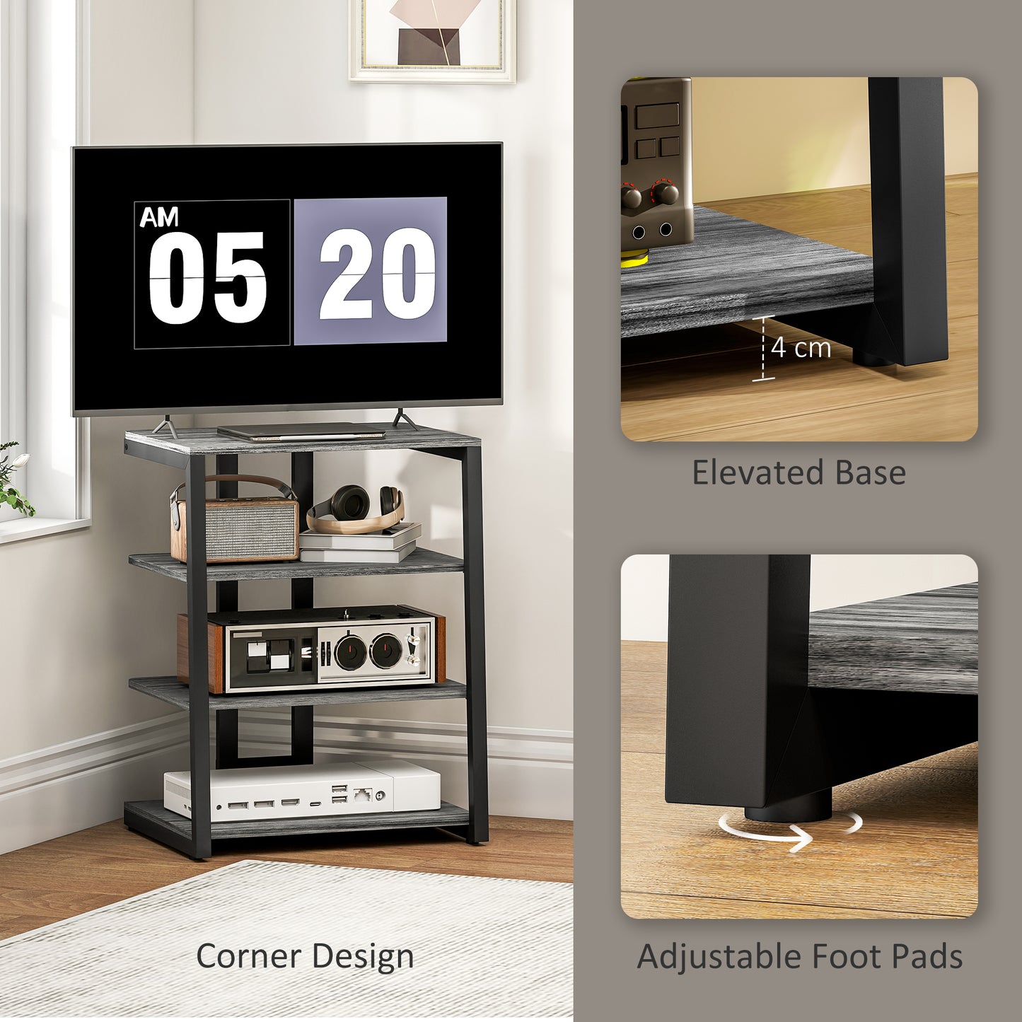 HOMCOM HiFi Stand, with Four Storage Shelves - Dark Grey