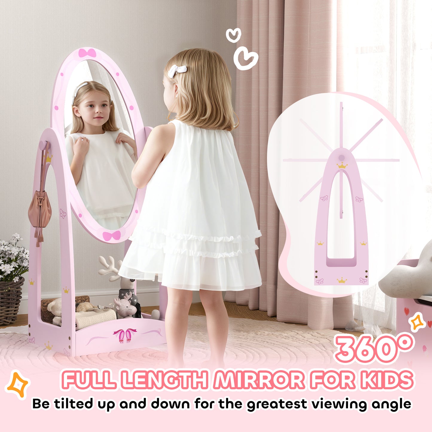AIYAPLAY Kids Clothes Rail, Kids Dressing Mirror with 360° Rotating, 2 Piece Kids Furniture Set with Storage Shelves, Pink