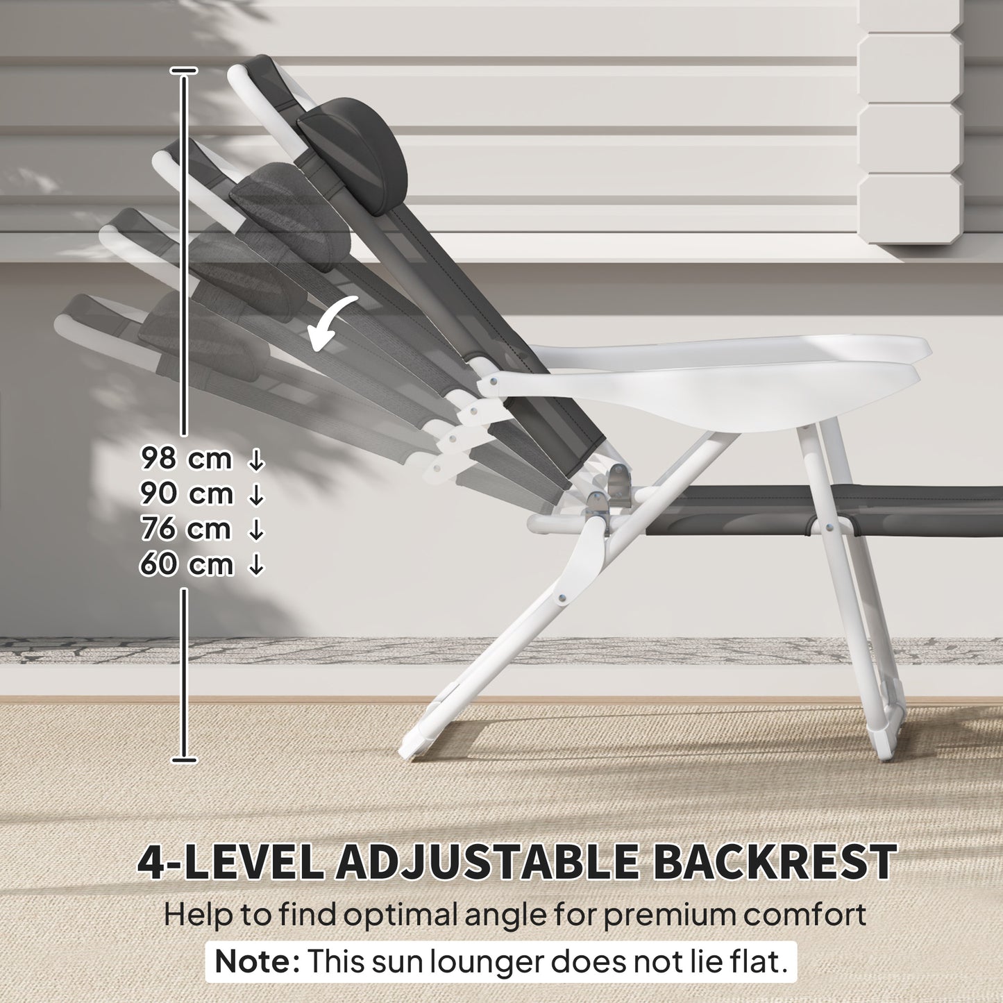 Outsunny Foldable Lounge Chair with 4-Level Adjustable Backrest & Headrest - Charcoal Grey