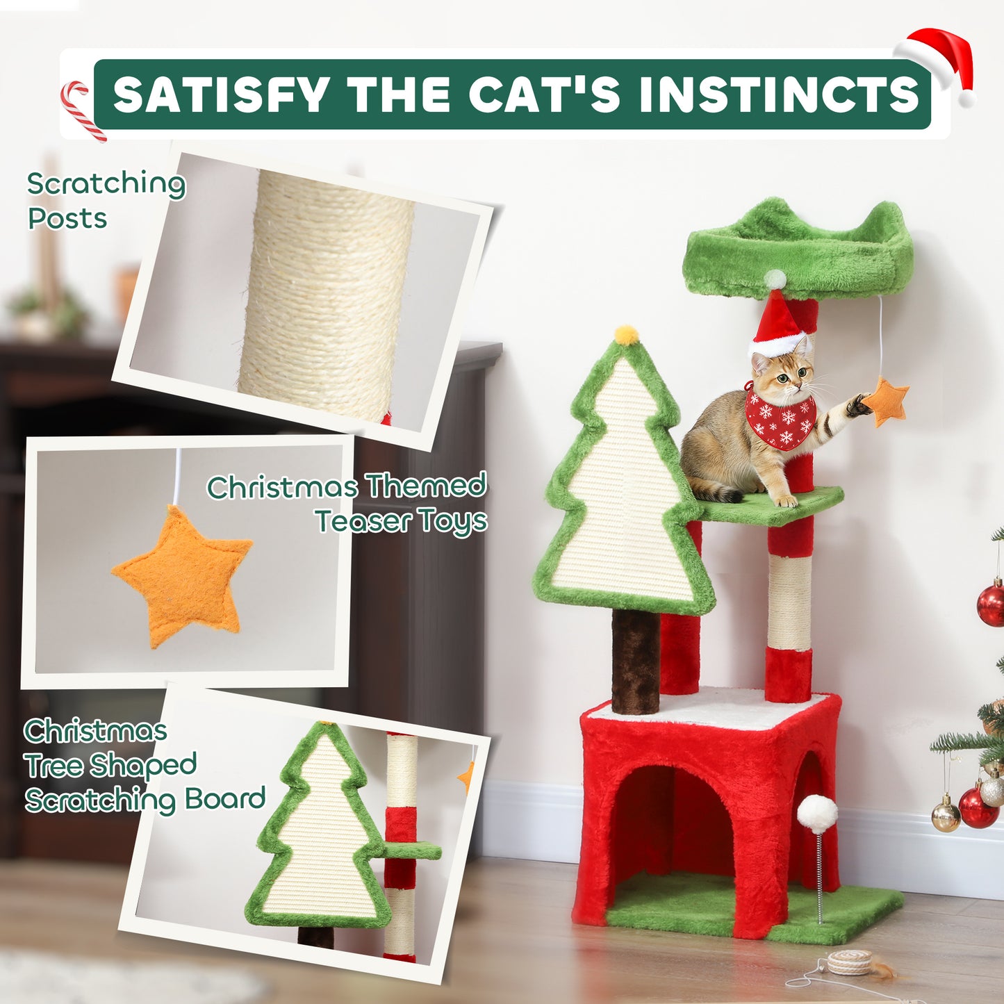PawHut Christmas Cat Tree, 120cm Cat Tower with Scratching Post & Board, Platform, Toys, Green