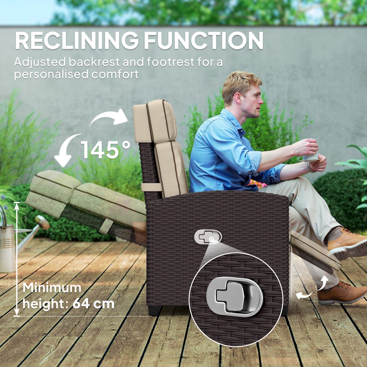 Outsunny 145° Reclining Rattan Armchair, with Footrest - Brown/Khaki