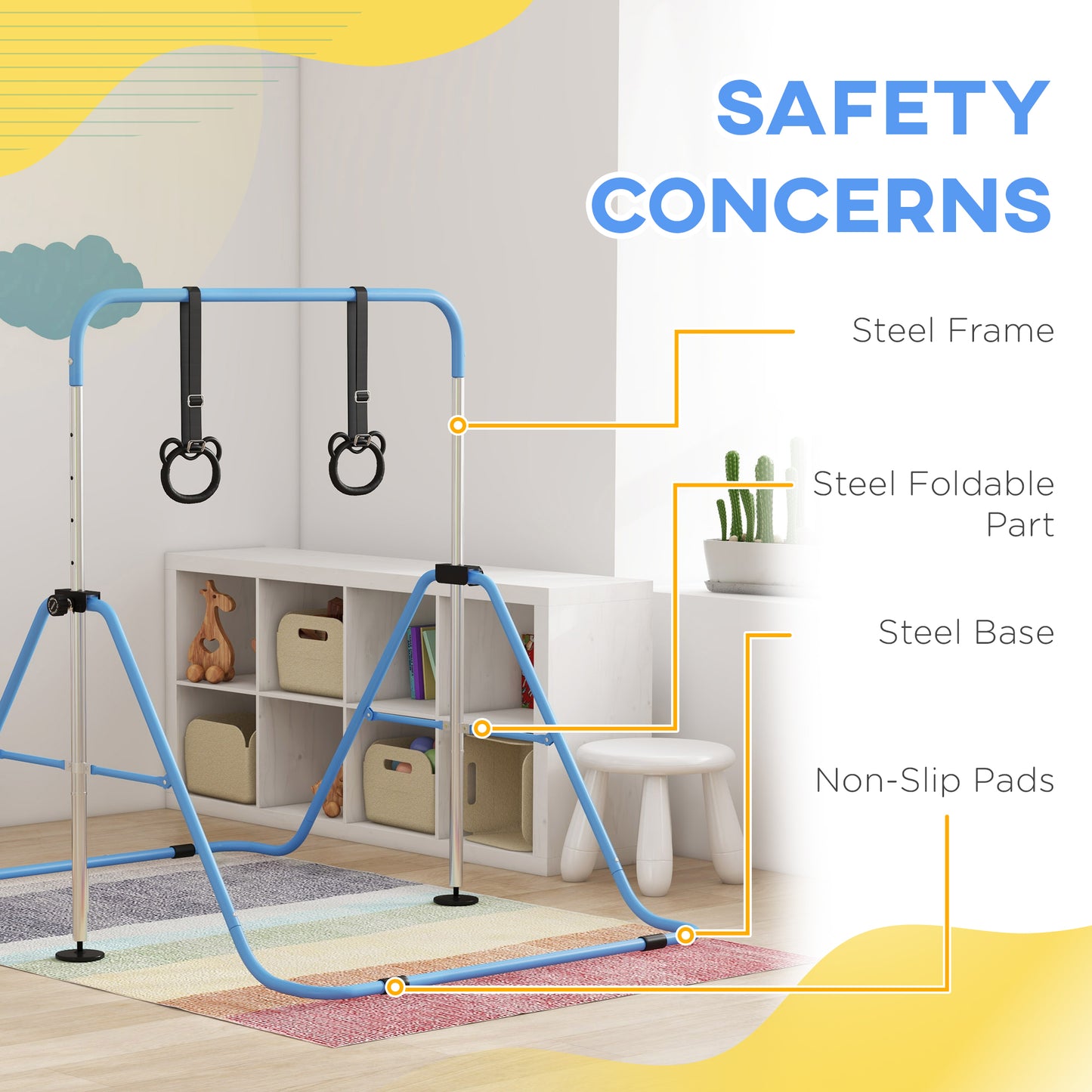 HOMCOM Adjustable Height, Foldable Kids Gymnastics Bar w/ Non-slip Rubber Floor Rings, for 3+ Years, Blue