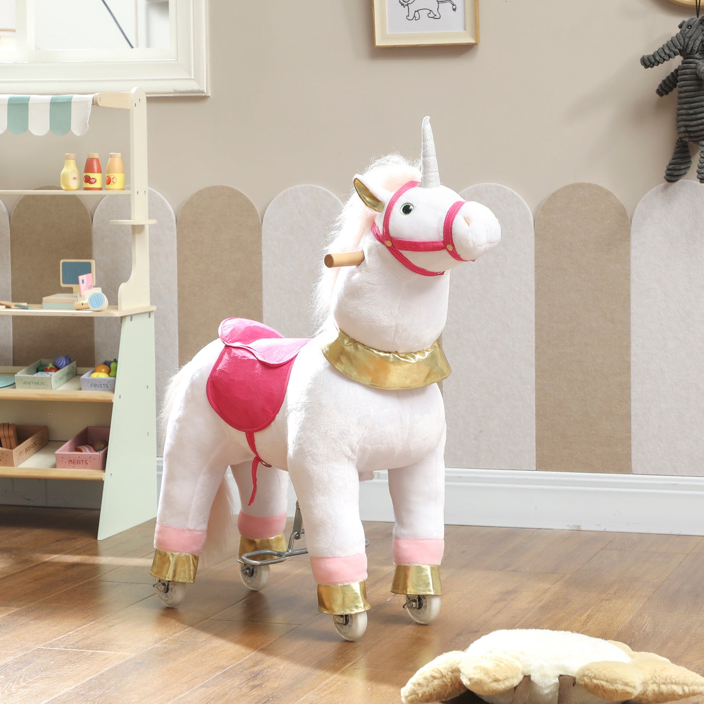 AIYAPLAY Kids Rocking Horse, Plush Walking Horse with Wheels, Ride On Unicorn Toy for Ages 3-5 Years Old, White