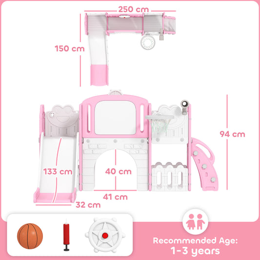 AIYAPLAY 7 in 1 Toddler Slide Set with Basketball Hoop, Climbing Frame, Telescope, Drawing Board, Storage Box, Pink