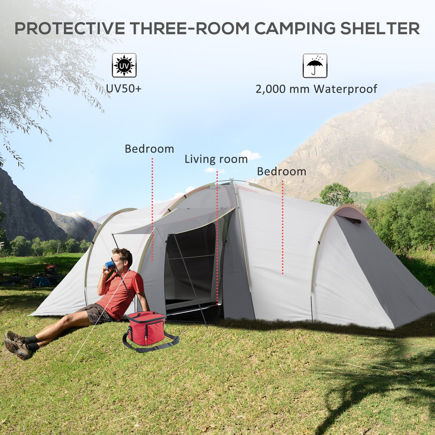 Outsunny Four-Man Tunnel Tent, with Two Bedrooms and Living Room - Grey/Yellow