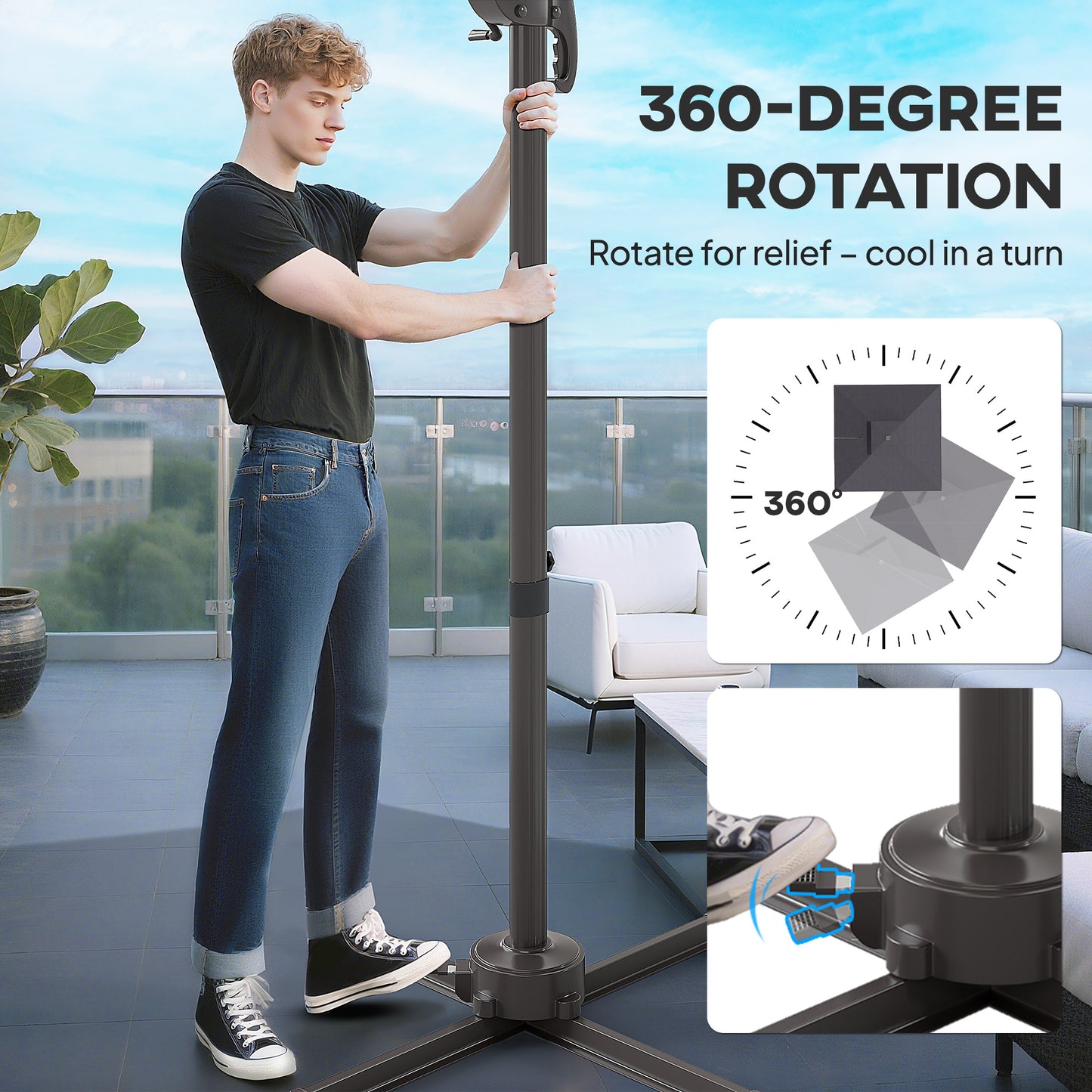 Outsunny 2.5m Cantilever Parasol with Solar Powered LED Lights, 360° Rotation, Tilt Adjustment, Crank Handle, Dark Grey