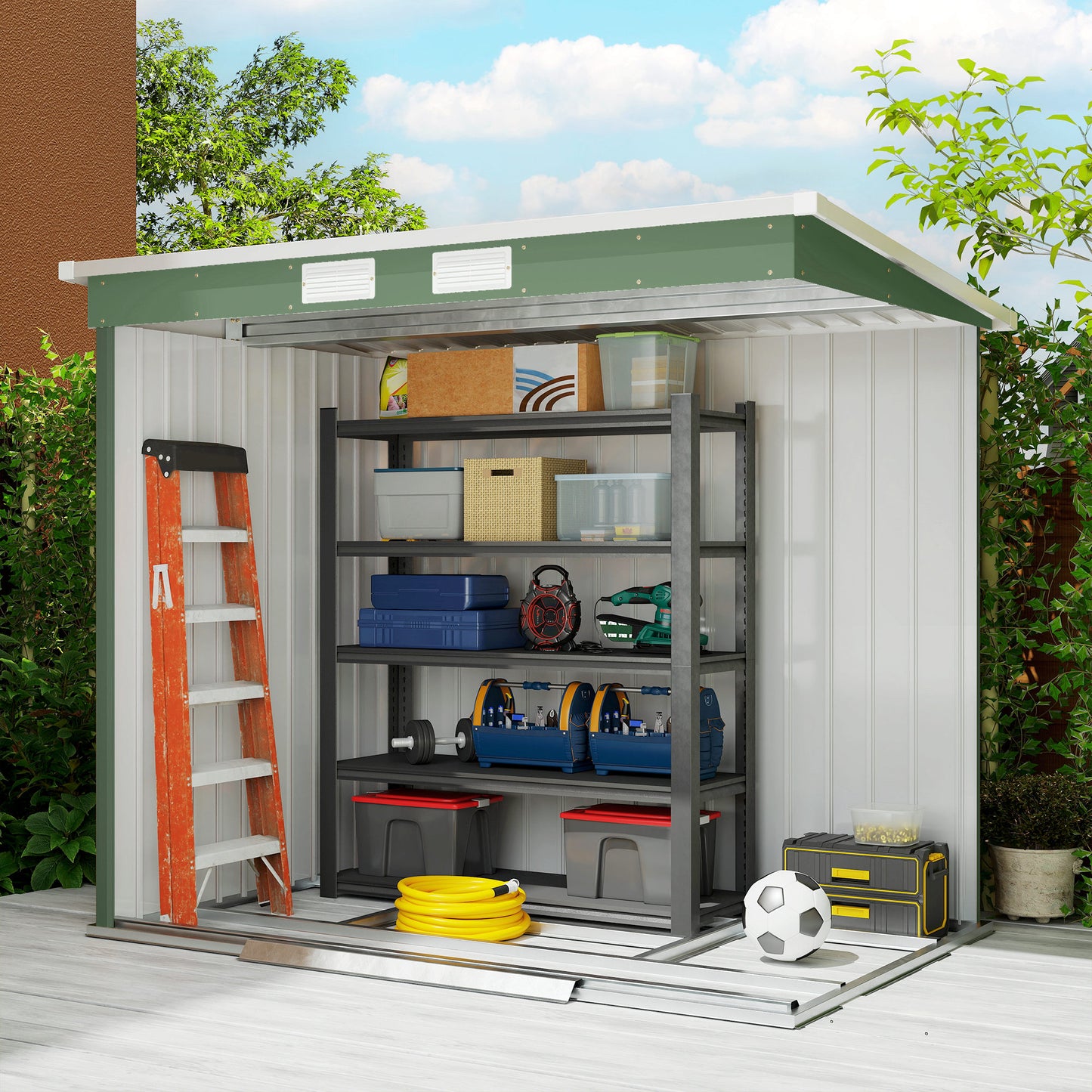 Outsunny 7 x 4ft Galvanised Steel Garden Shed, with Foundation Kit - Green