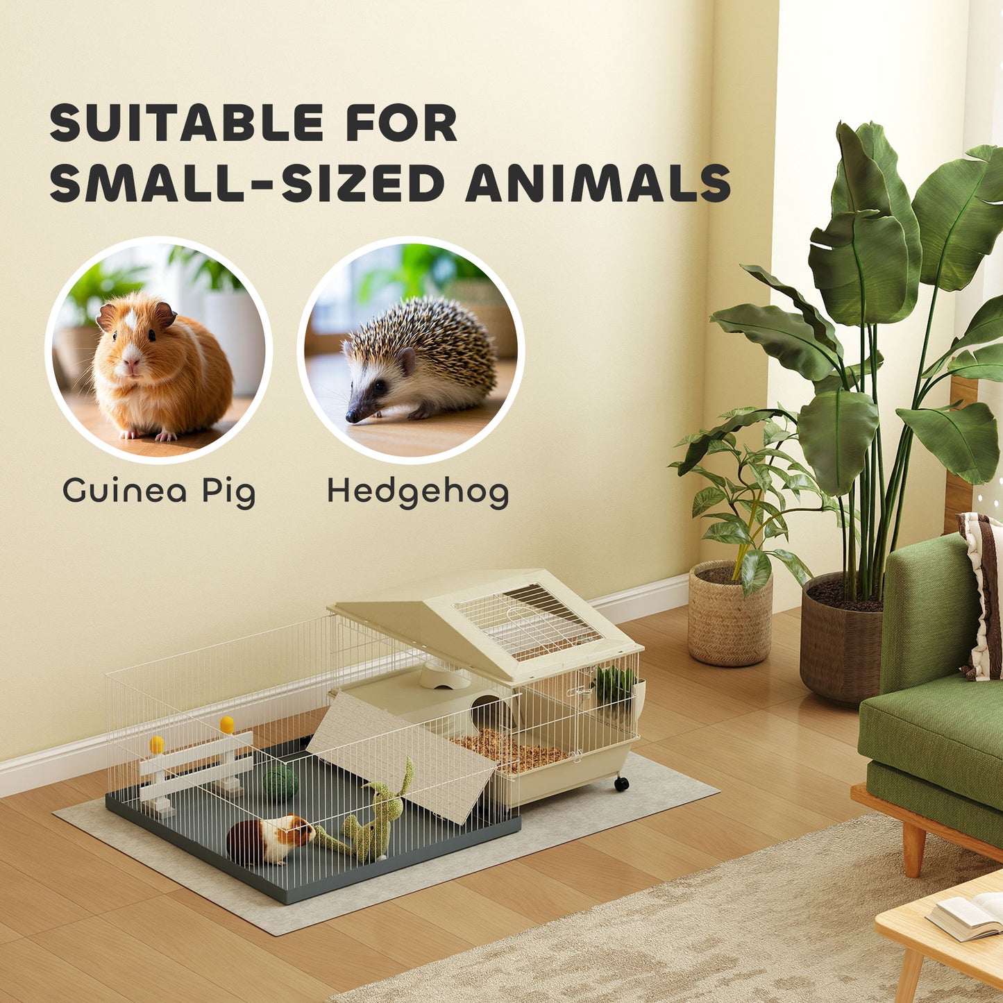 PawHut Small Animal Cage with Removable Pet Playpen, Guinea Pig Cage with Waterproof Pad, Hay Feeder, 108 x 71 x 57cm, Beige