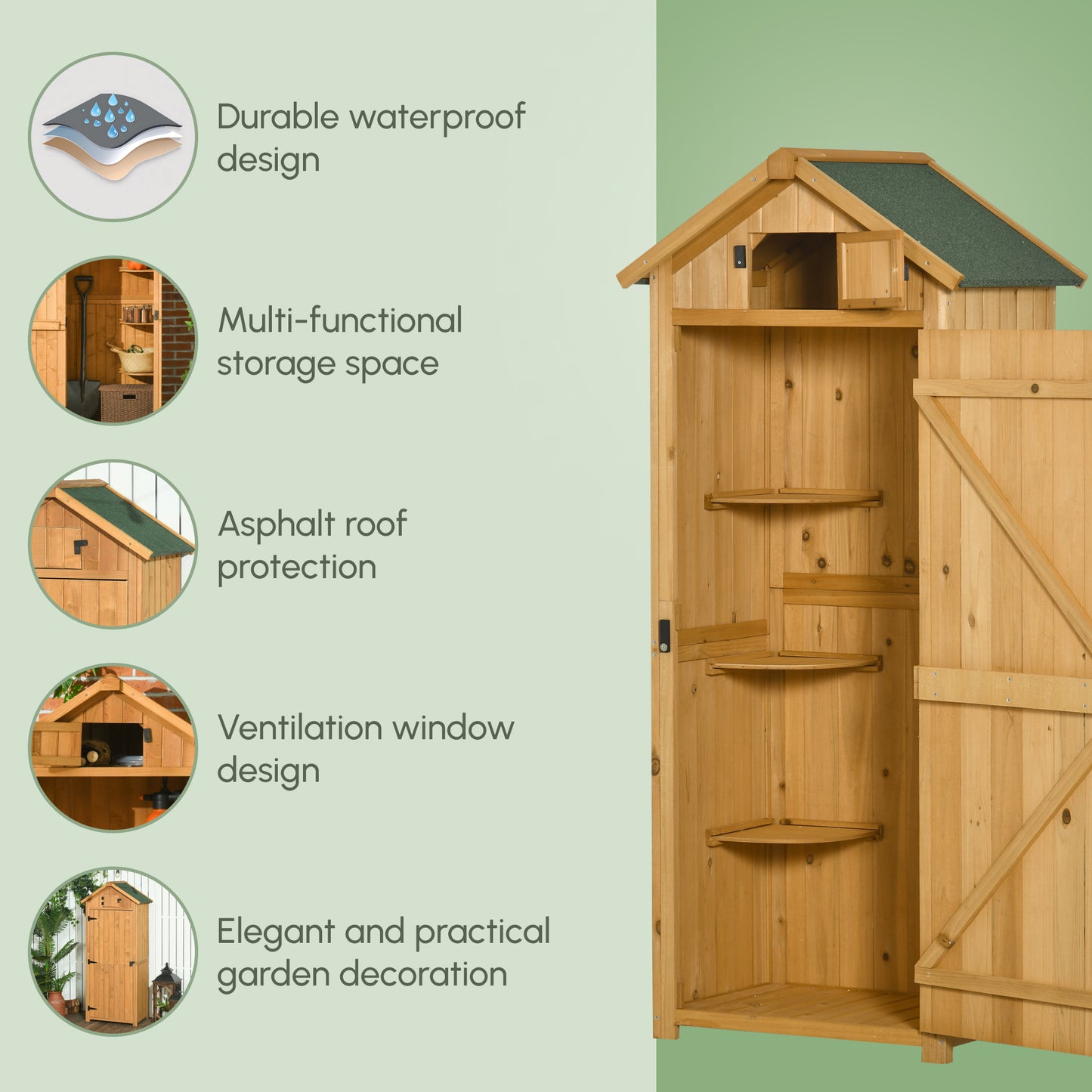 Outsunny Garden Shed Wood Outdoor Garden Tool Storage Unit with 3 Detachable Shelves, 77 x 54.2 x 179cm, Brown