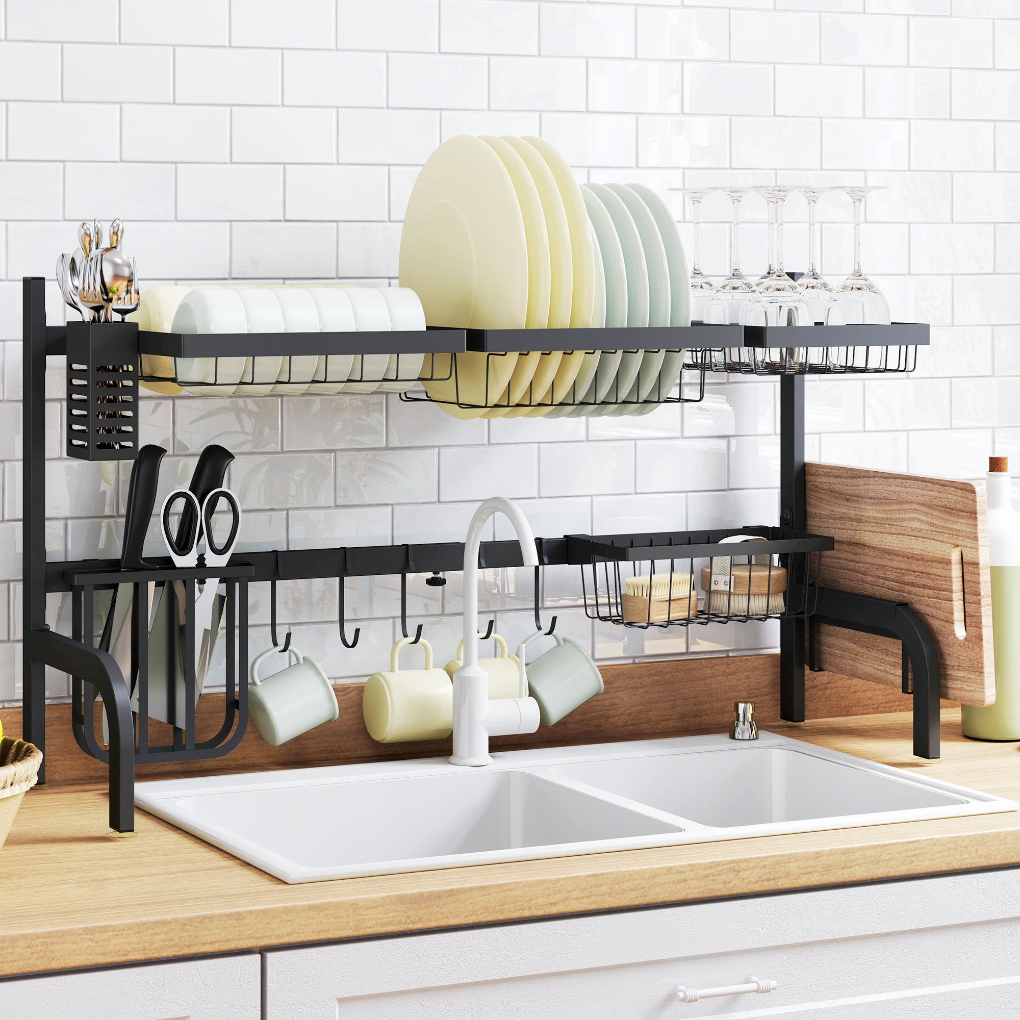 HOMCOM Space Saving 2 Tier Adjustable Dish Drainer Over The Sink Dish ...