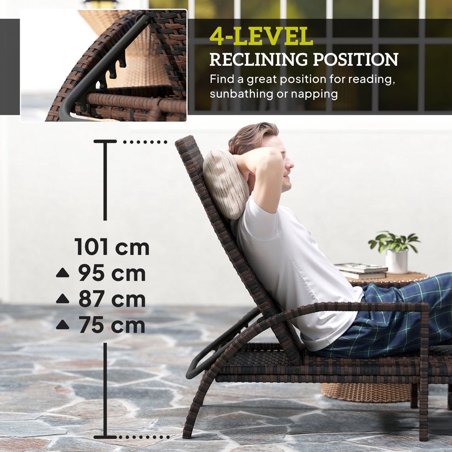 Outsunny Reclining Rattan Lounger, with Extending Footrest - Brown