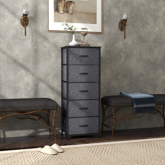 HOMCOM Fabric Chest of Drawers, Industrial Bedroom Dresser with 5 Fabric Drawers, Steel Frame and Wooden Top for Nursery, Living Room, Hallway, Dark Grey