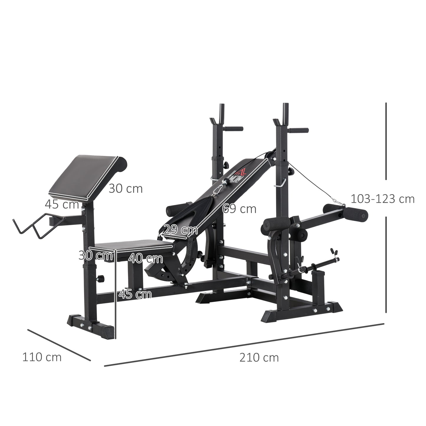 HOMCOM Weight Bench, 6 in 1 Adjustable Bench Press with Leg Extension, Barbell Rack, Preacher Curl Pad, Resistance Band, Multi-Function Home Gym Equipment for Strength Training Weightlifting