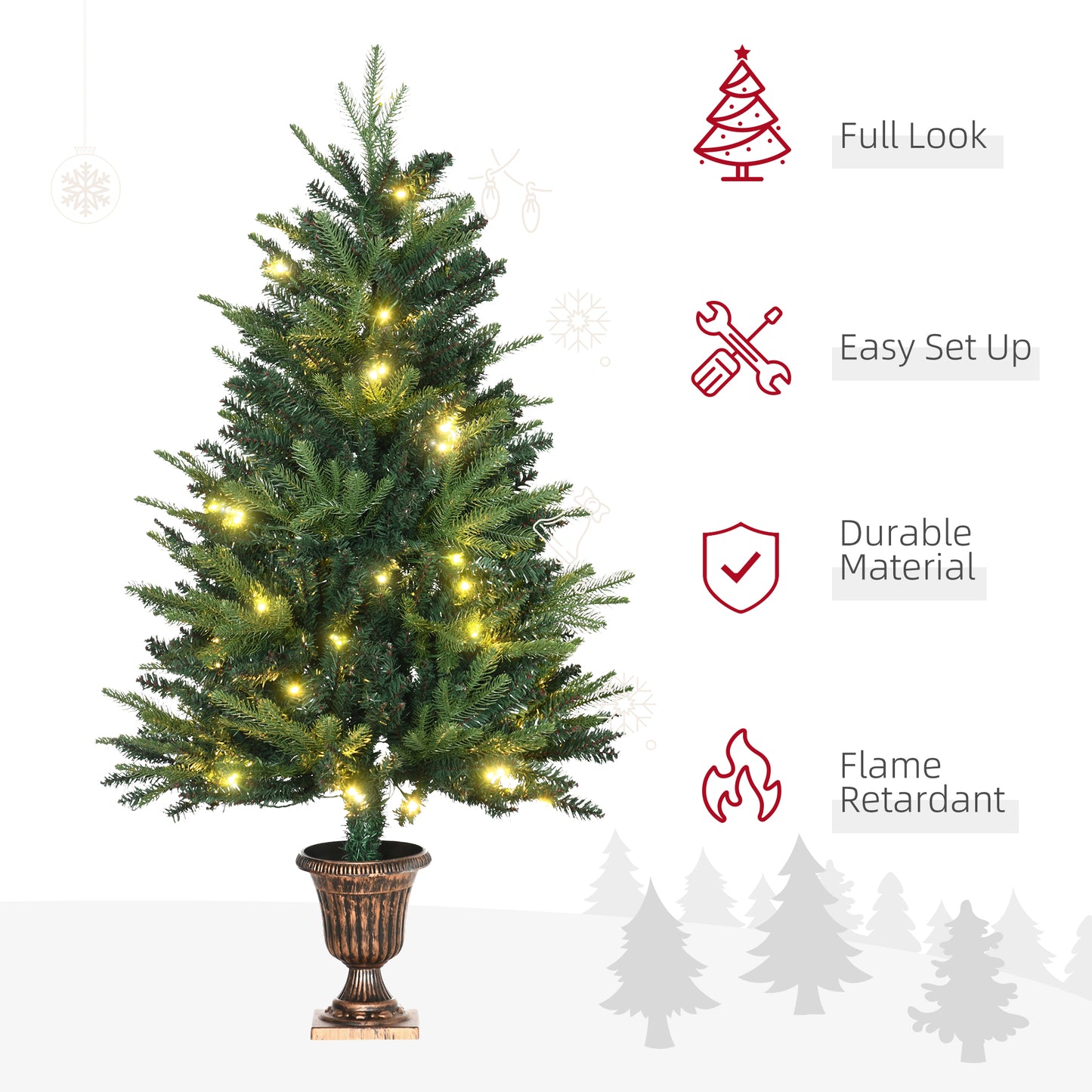 HOMCOM 1.2m 4ft Christmas Tree Entrance Decor 750 Tips Xmas Pre-lit Tree 80 LED with Vase Base