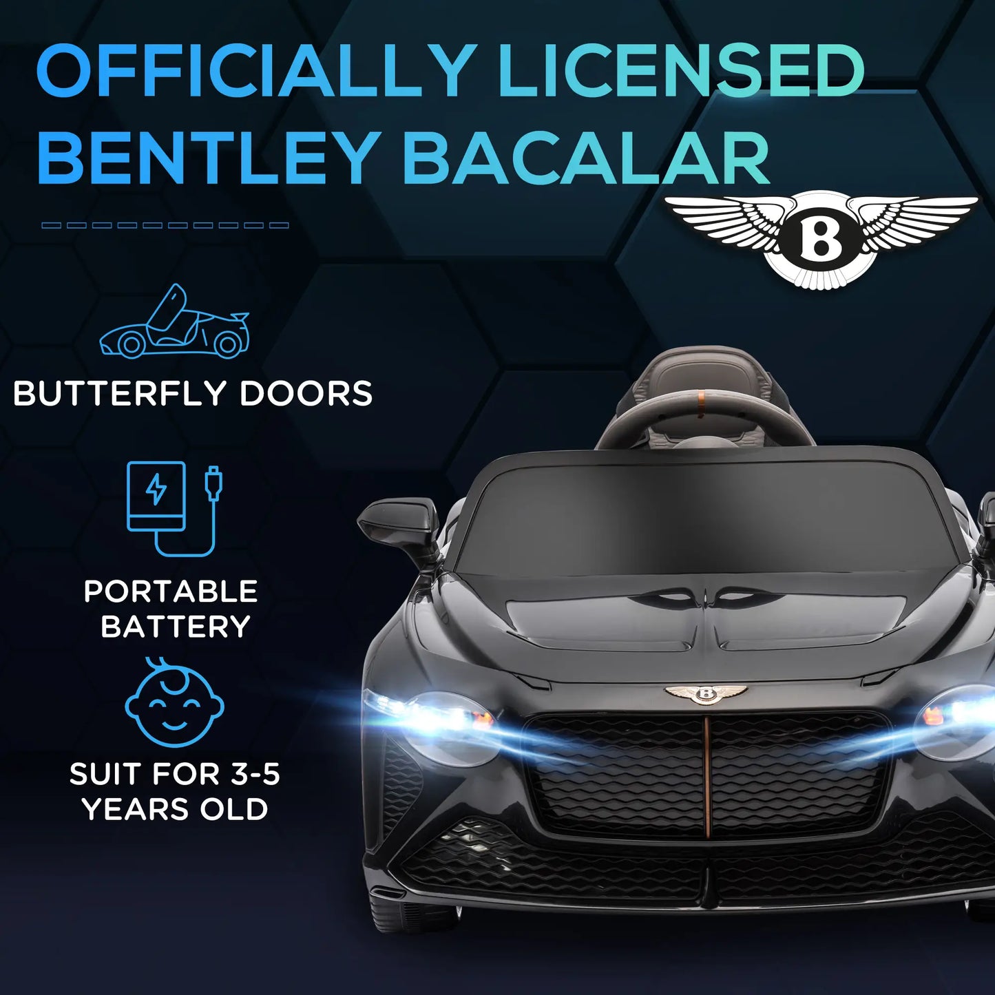 Bentley Bacalar Licensed 12V Kids Electric Car, with Remote Control, Horn, Lights, Music, Suspension Wheels, Black