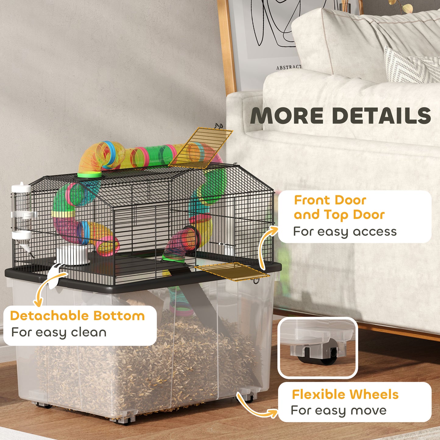 PawHut Two-Tier Hamster Cage with 31cm Deep Tray, Tube System, Water Bottle, Ramp, Feeding Bowl, Multicoloured