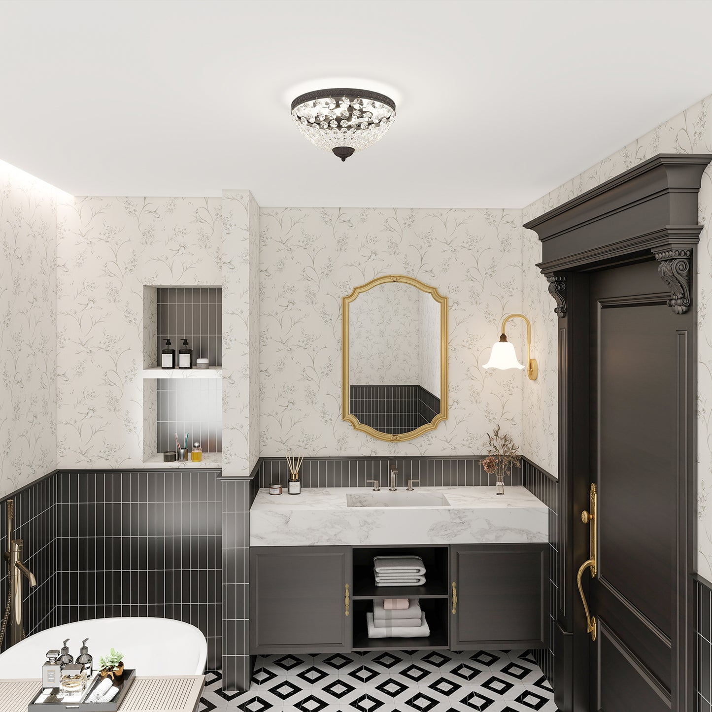 HOMCOM Crystal Chandelier Ceiling Light with 168 Octagonal Beads, Vintage 2-Light Flush Mount Ceiling Light for Living Room, Bedroom, Hallway, Dining Room, Black