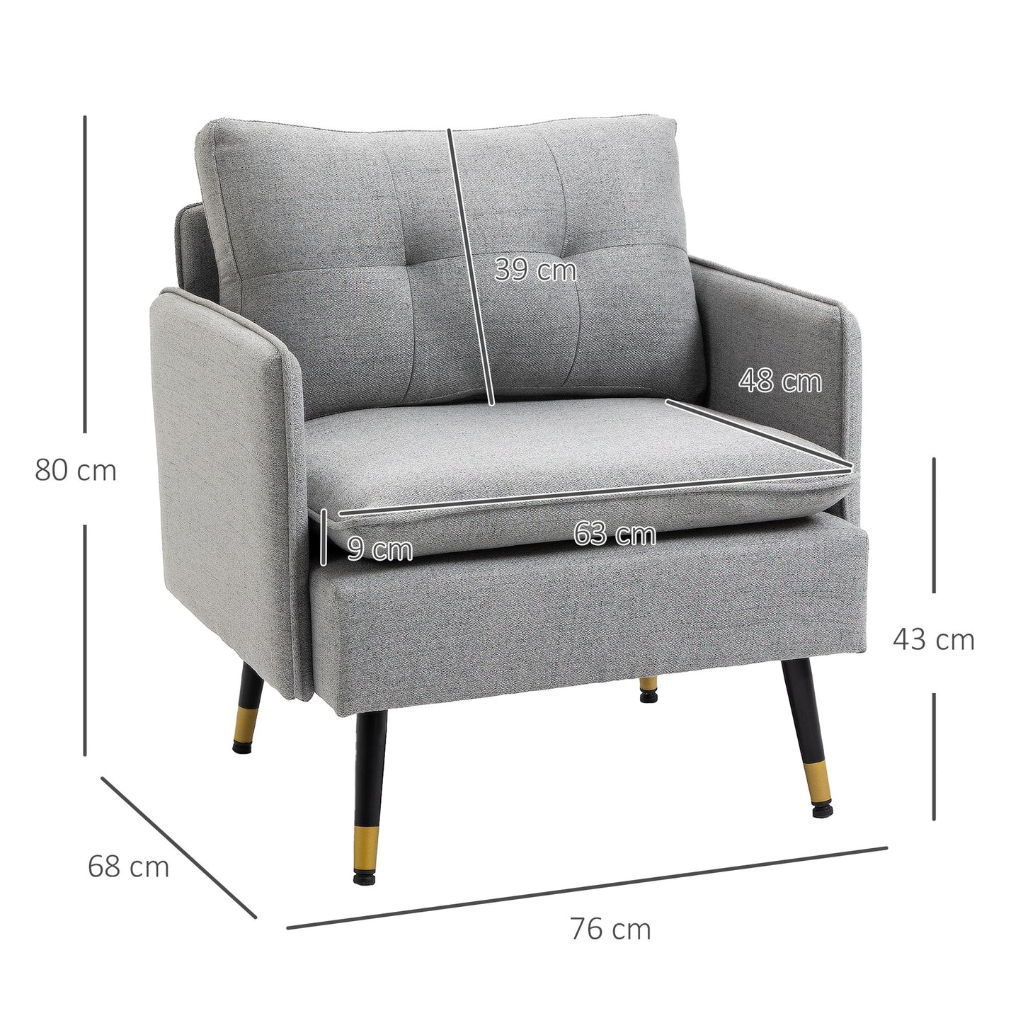 HOMCOM Modern Accent Chair, Upholstered Button Tufted Occasional Chair for Living Room and Bedroom, Grey