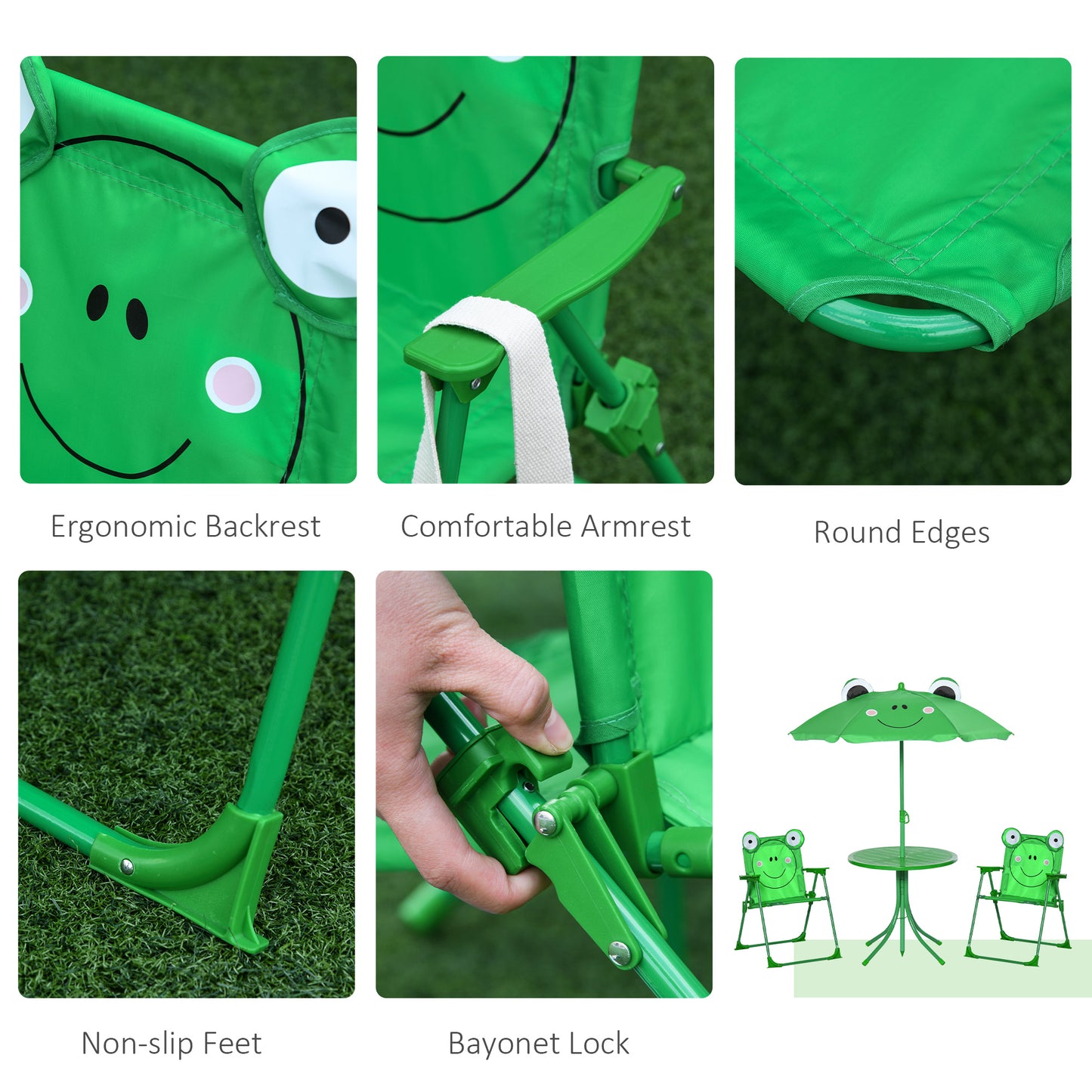 Outsunny Kids Folding Picnic Table Chair Set w/ Parasol, Green