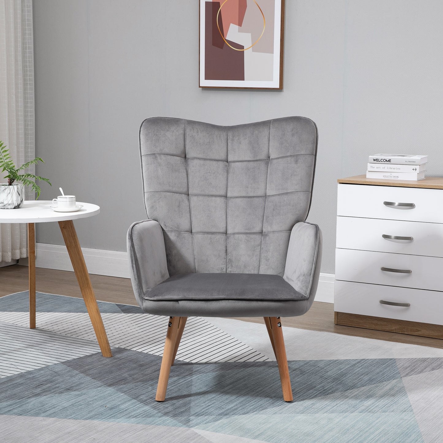HOMCOM Modern Accent Chair, Upholstered Tufted Wingback Armchair with Seat Padding, Velvet Leisure Lounge Bedroom Chair with Wood Legs, Grey