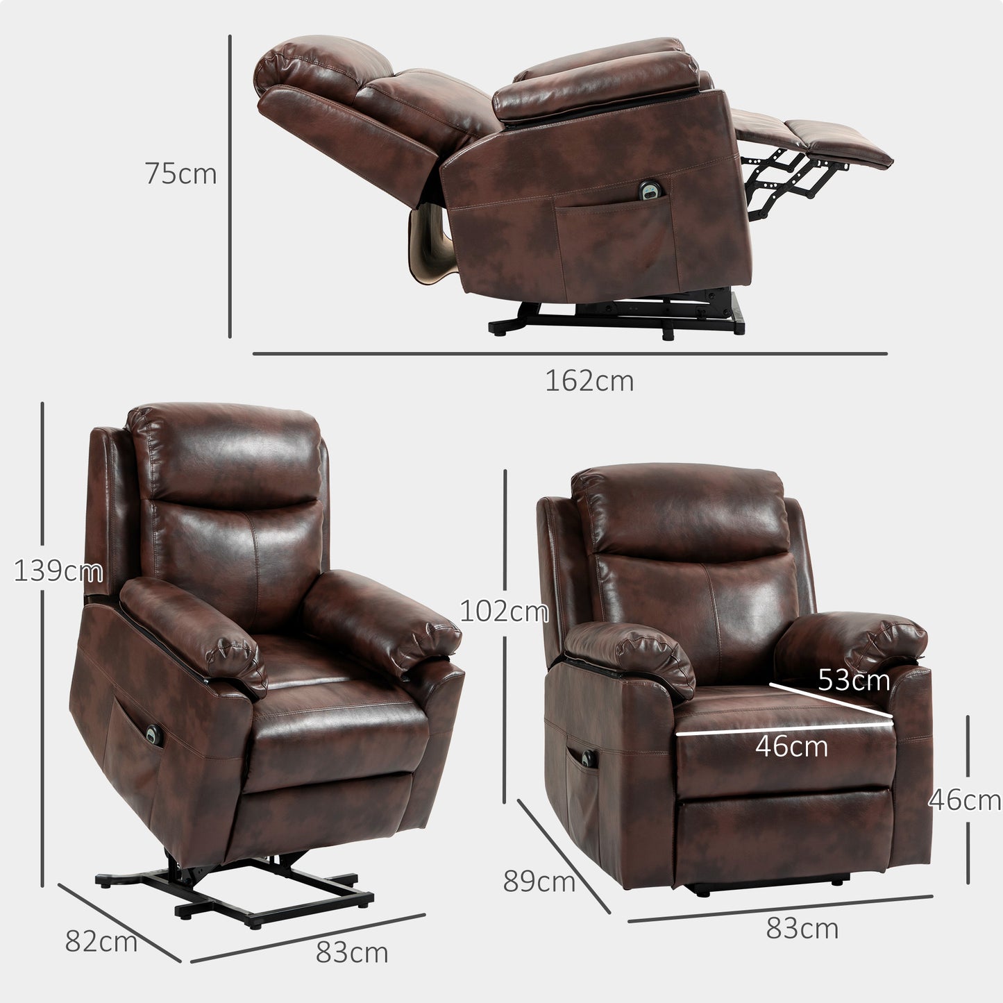 HOMCOM Faux Leather 70° Electric Riser Recliner Chair, Dark Brown