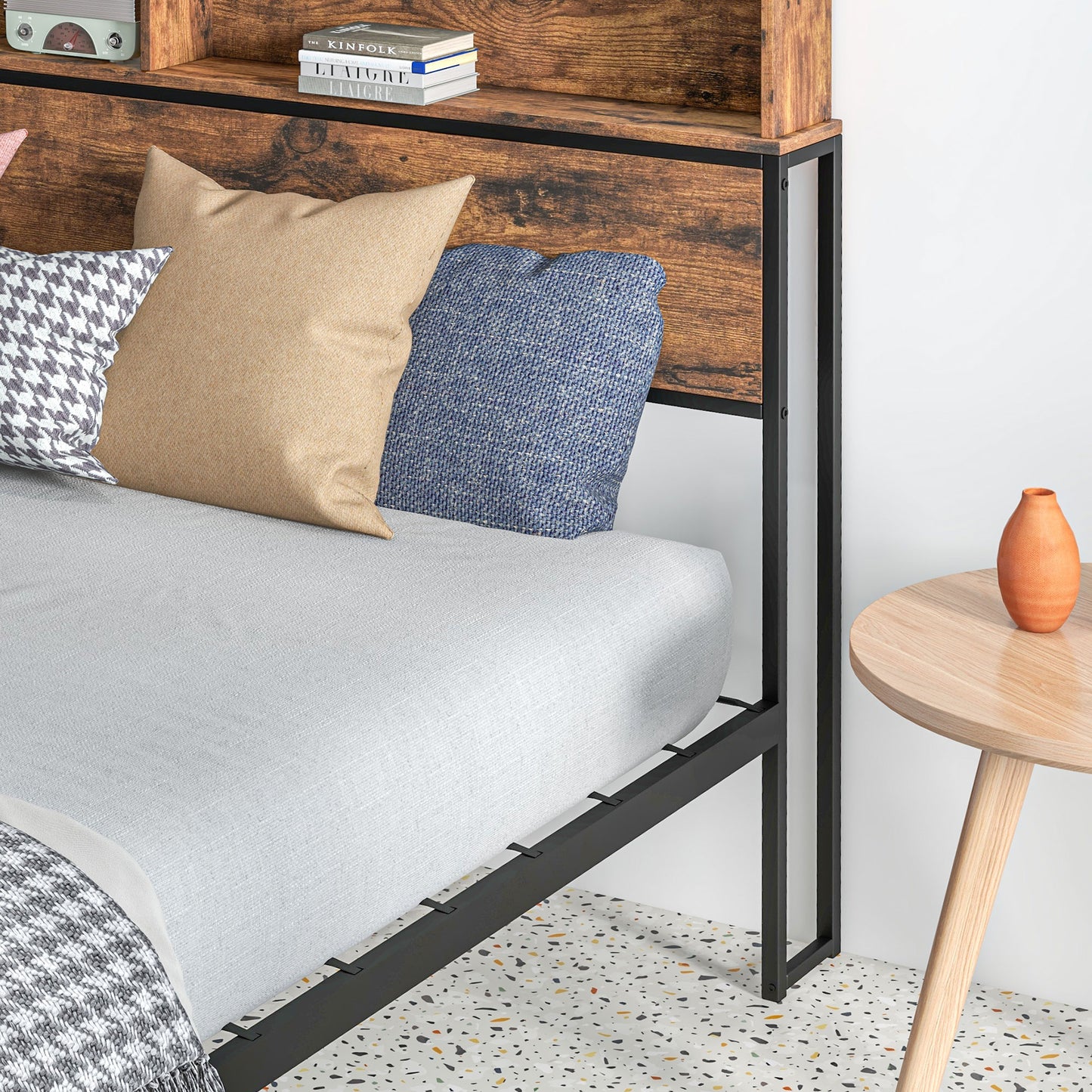 HOMCOM Industrial Double Bed Frame, 4.6FT Steel Bed Base with Storage Headboard, Footboard, Slatted Support and Under Bed Storage, 141 x 207cm, Rustic Brown