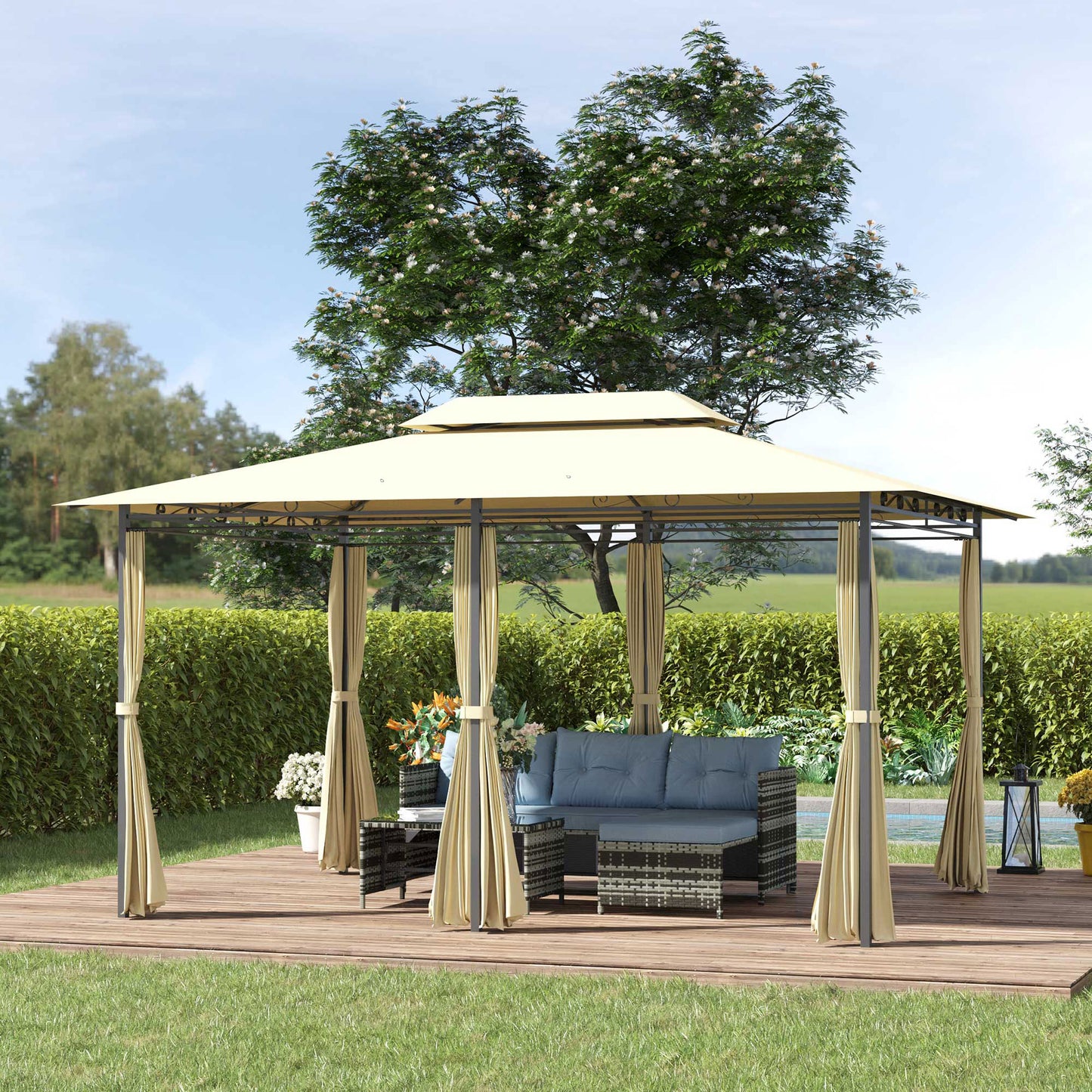 Outsunny 4x3m Gazebo with Curtains, Double Roof Outdoor Shelter for Garden, Solid Steel Frame, Perfect for Lawn & Deck, Beige