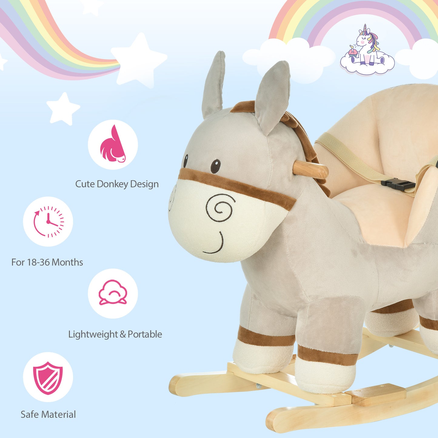 HOMCOM Kids Rocking Horse, Children Plush Ride On Donkey Animal Rocker w/ Sound, Wood Base Seat, Safety Belt, Baby Toy Rocker for Toddler 18 - 36 Months, Grey