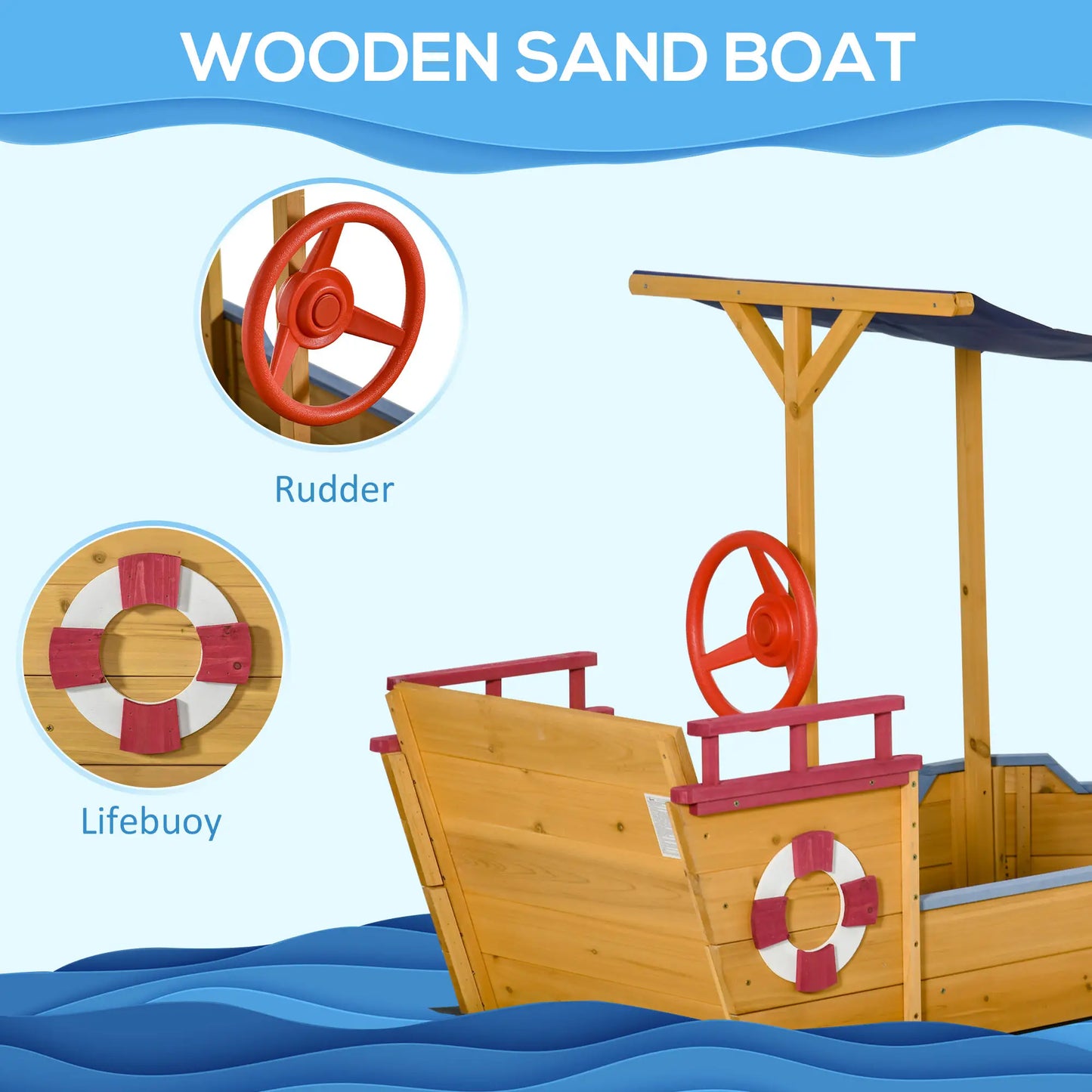 Kids Wooden Sand Pit Children Sandbox Pirate Ship Sandboat Play Station for Outdoor w/ Canopy Shade Storage Bench Bottom Liner