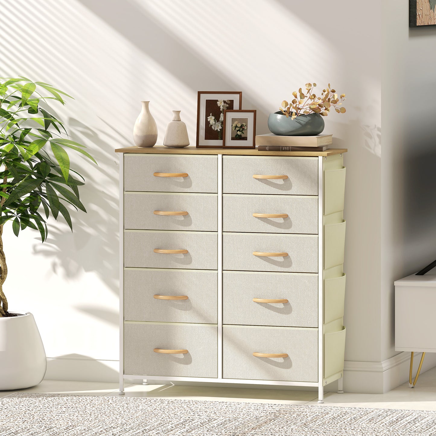 HOMCOM Chest of Ten Fabric Drawers - Beige
