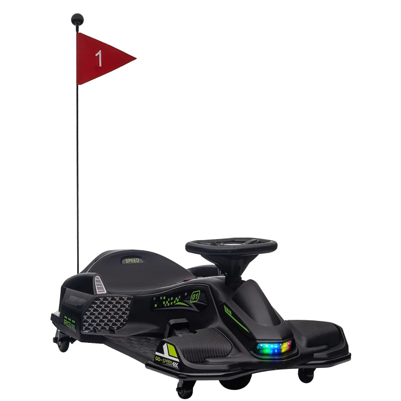 12V Kids Electric Drift Go Kart with Music, LED Lights, Slow Start, Black