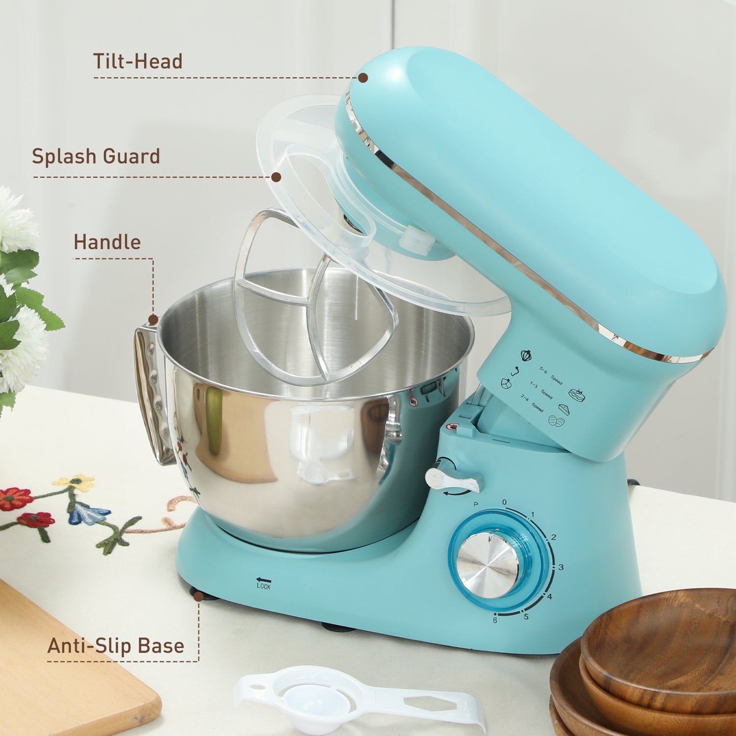 HOMCOM 1300W Kitchen Stand Mixer, with Accessories - Blue