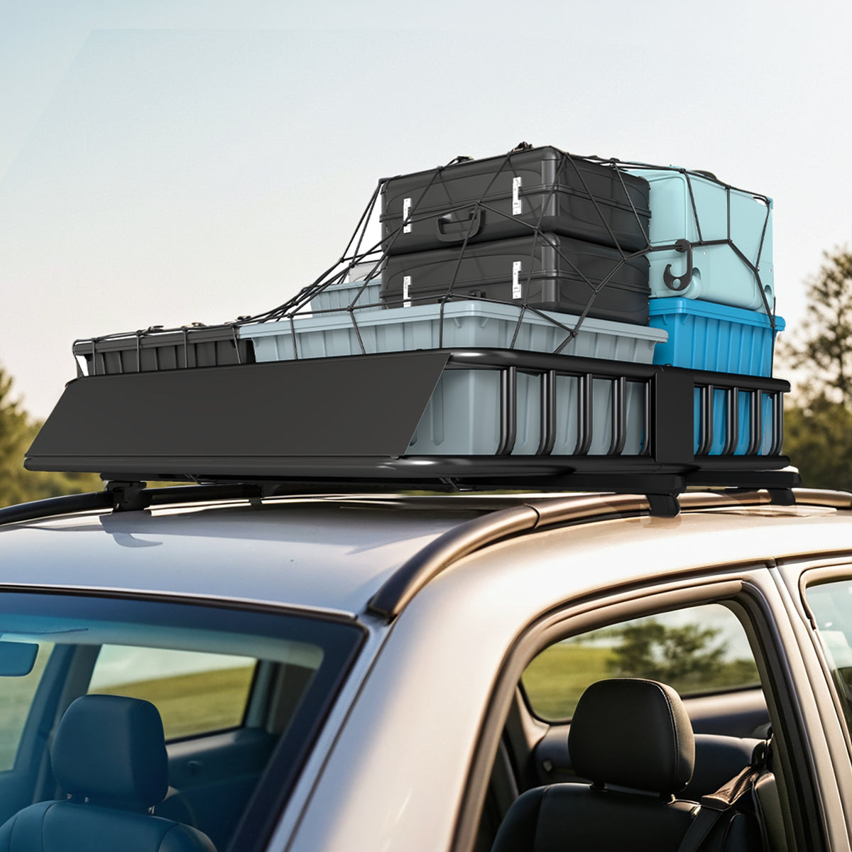 HOMCOM Universal Roof Rack Basket Tray, 90.7 kg Steel Car Rooftop Luggage Cargo Carrier Holder with Wind Fairing, Side Rails for SUVs, Pickups, Sedans, Off-Road Vehicles, 110.5 x 99.5 x 18.5 cm, Black