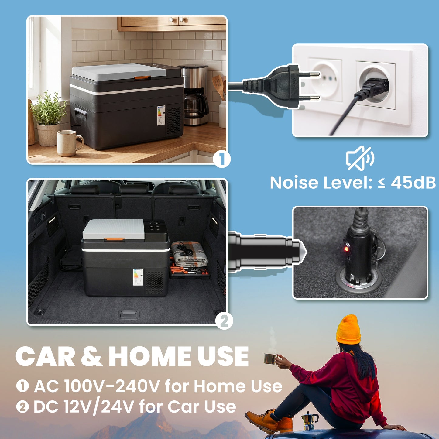 Outsunny 30L Compressor Car Fridge Freezer, Camping Refrigerator with App Control, 12/24V DC and 100-240V AC, Black