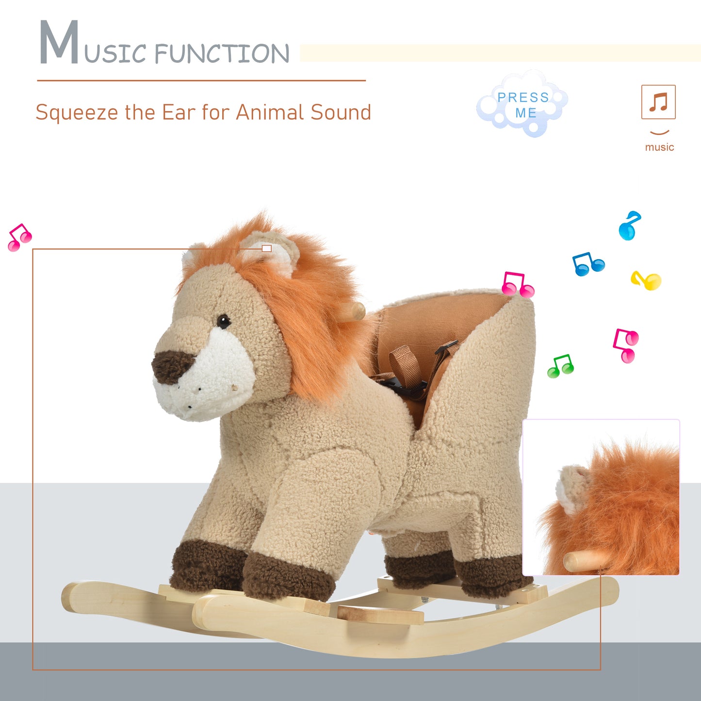 HOMCOM Kids Lion-themed Rocking Horse, with Roaring Sound Button, Seatbelt, Brown