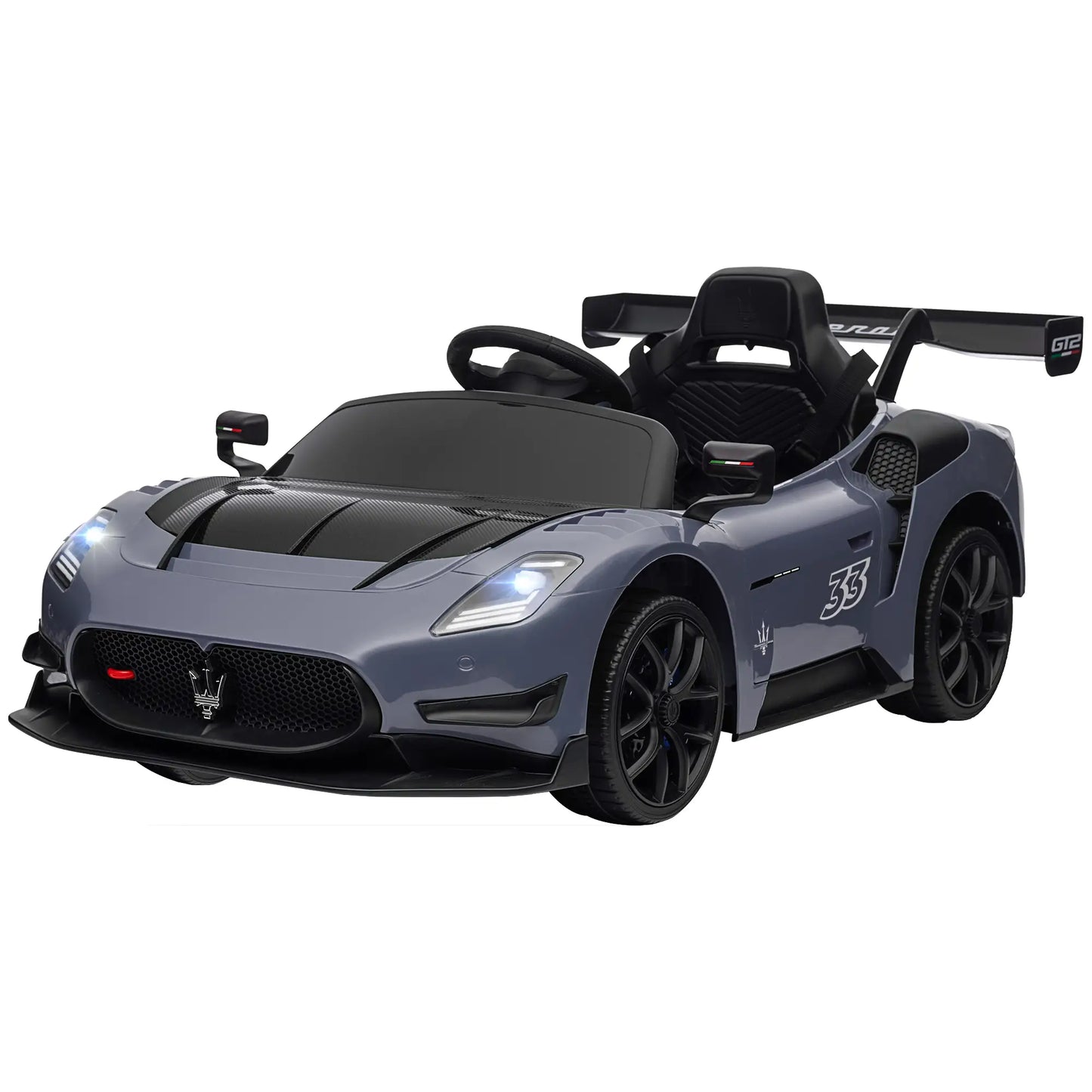 Maserati GT2 Licensed 12V Kids Electric Ride on Car with 4 Suspension Wheels, Remote Control, Music, Horn, Lights, Grey