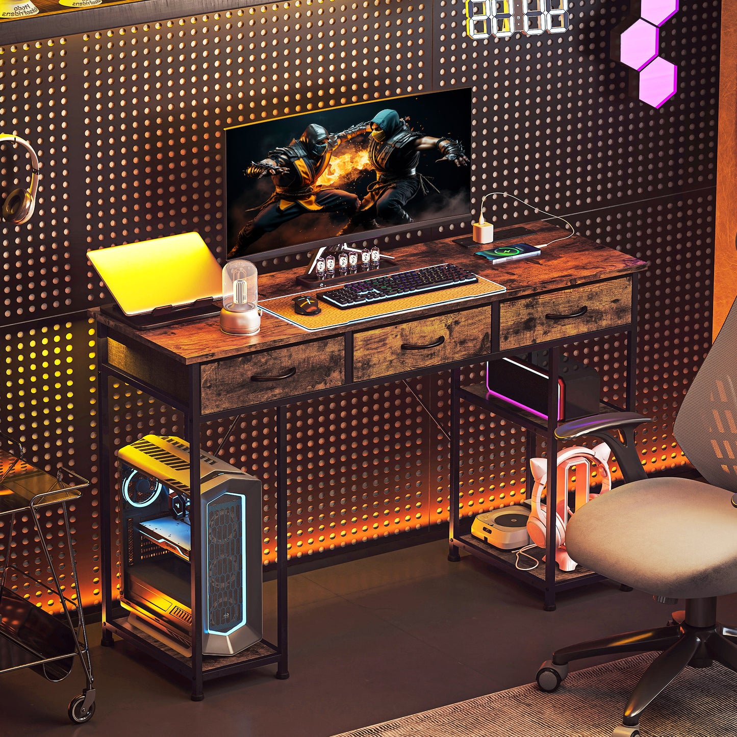 HOMCOM 120cm Computer Desk with Power Outlets, Office Desk Study Table with Fabric Drawers and Storage Shelves, Rustic Brown