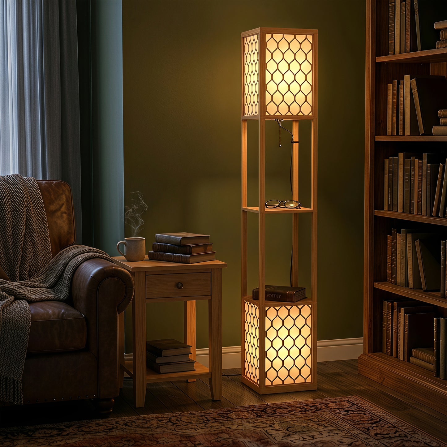 HOMCOM Floor Lamp with Shelves, Modern Tall Standing Lamp with Fabric Lampshades, Zipper Switch, Natural Wood Finish