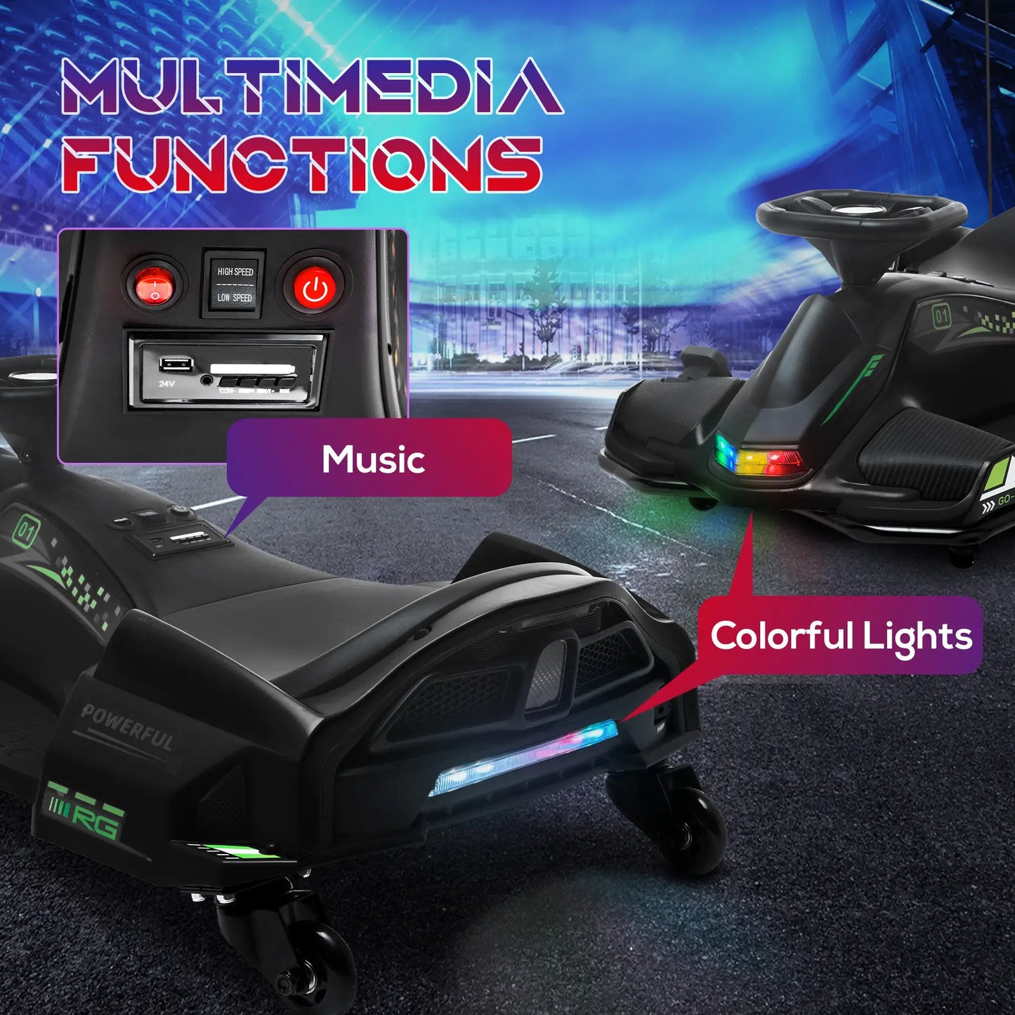 12V Kids Electric Drift Go Kart with Music, LED Lights, Slow Start, Black