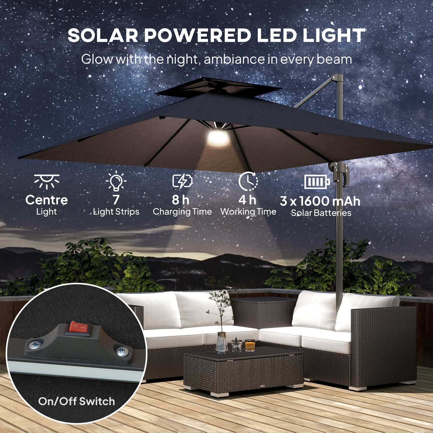 Outsunny 2.5m Cantilever Parasol with Solar Powered LED Lights, 360° Rotation, Tilt Adjustment, Crank Handle, Dark Grey