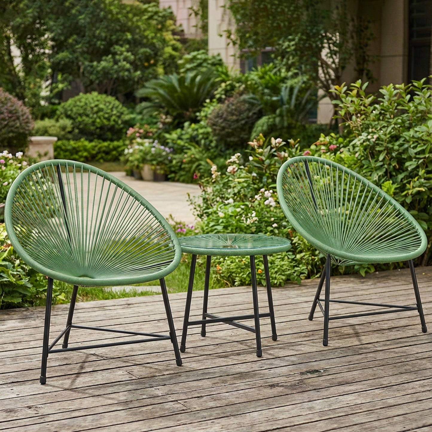 Outsunny Rattan Bistro Set with Acapulco Chairs and Glass Table, Green