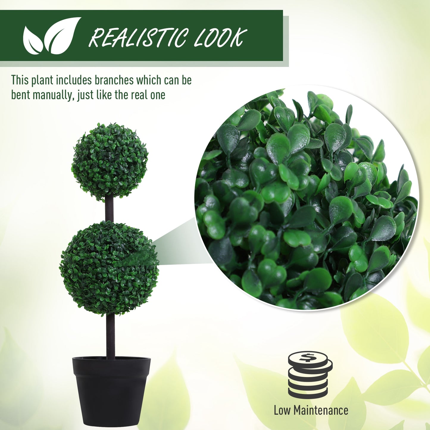 Outsunny Set of 2 Artificial Boxwood Ball Topiary Trees Potted Decorative Plant Indoor Décor (67cm)