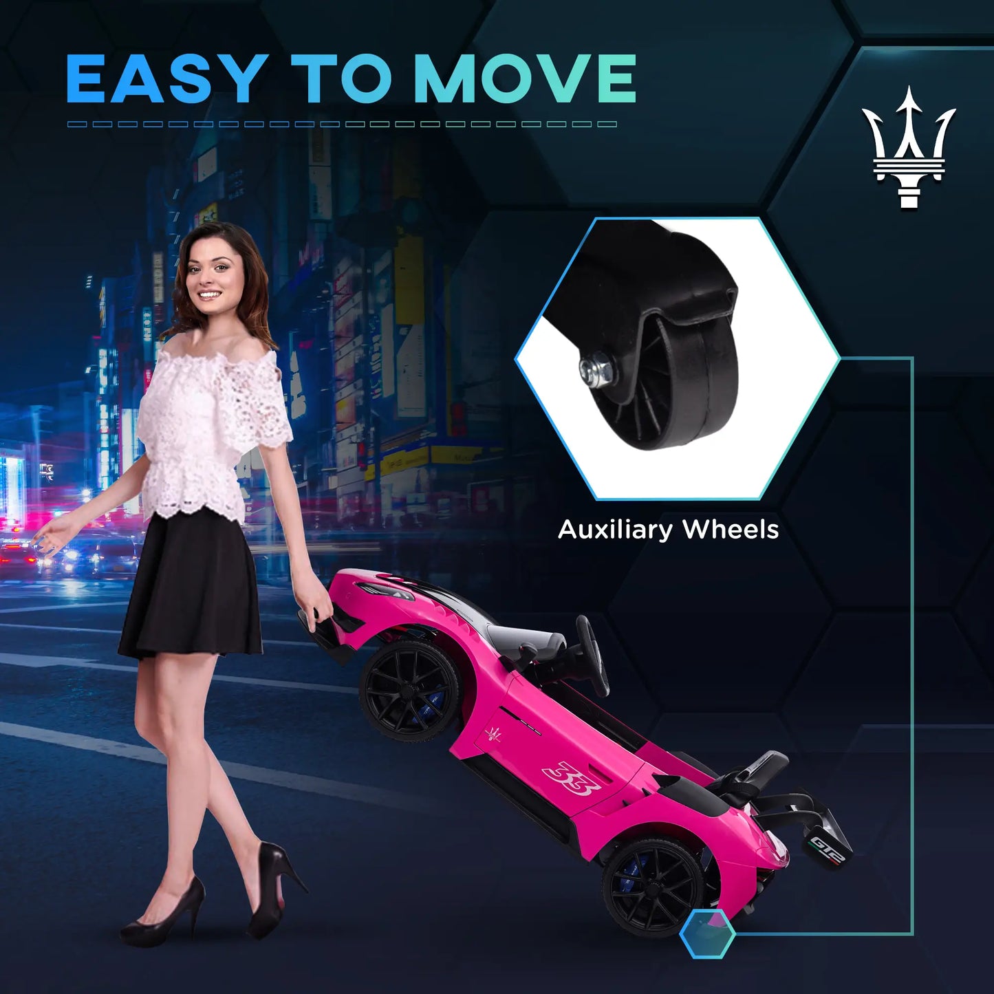 Maserati GT2 Licensed 12V Kids Electric Ride on Car with 4 Suspension Wheels, Remote Control, Music, Horn, Lights, Pink