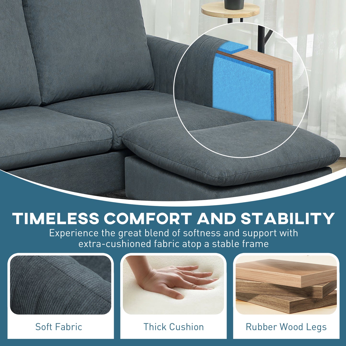 HOMCOM 3 Seater Sofa with Ottoman, 196cm Corduroy L-shaped Sofa Couch with Scatter Back, Reversible Chaise Lounge for Living Room, Home Office, Small Spaces, Charcoal Grey